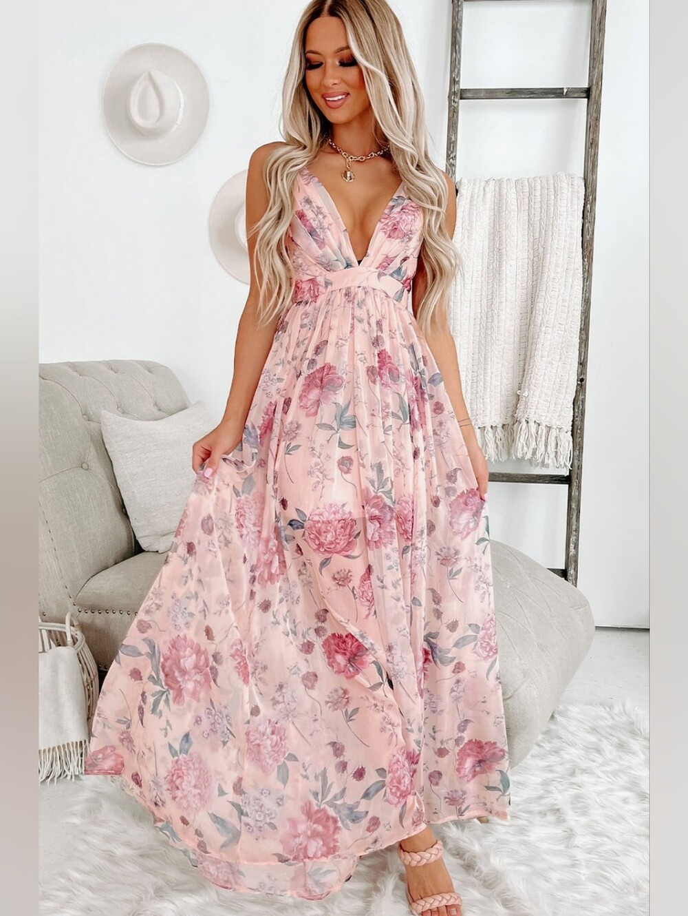 Blushing Peony Pink Floral Sleeveless Maxi Dress With V-Neck - Picture 1 of 11
